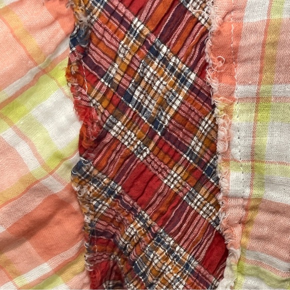 POL Plaid Patchwork Button-Up Short Sleeve Shirt Mixed Pattern Boho Oversized - Picture 6 of 7